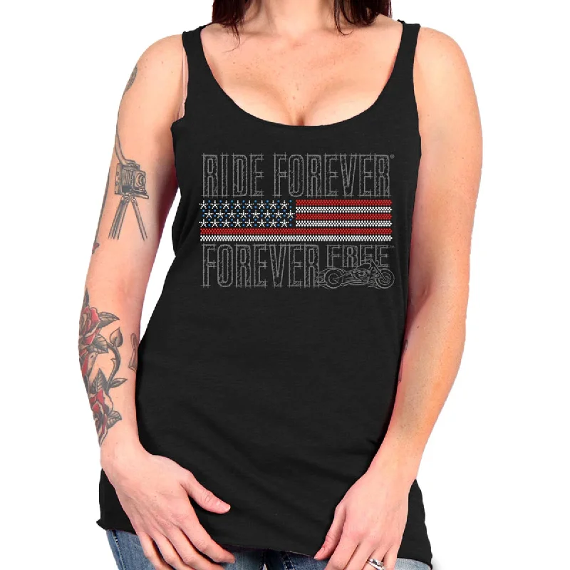 Massive Deals Hot Leathers GLC2443 Ladies 'Ride Forever, Forever Free' US Flag with Bling Black Tank Top Shirt