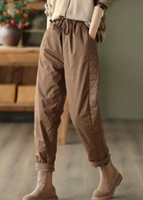 Quick Sale Coffee Pockets Loose Fine Cotton Filled Pants Elastic Waist Winter