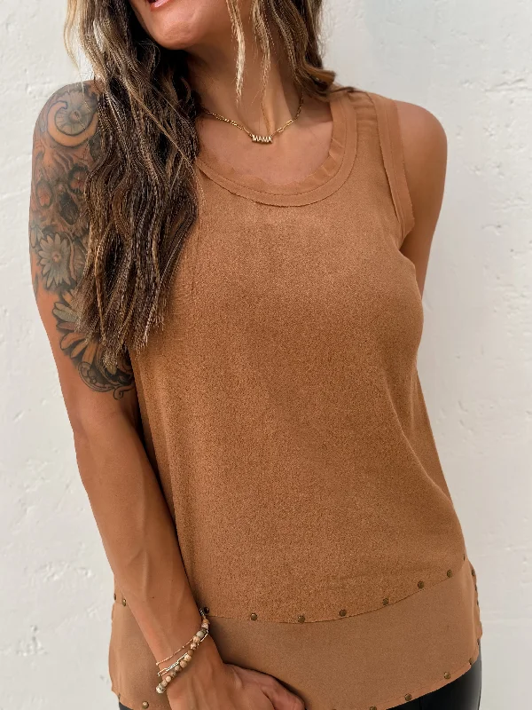 Super Sale Contrast Studded Hi-Lo Tank - Camel
