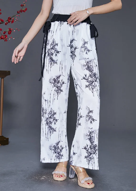 Markdowns Vintage White Bamboo Print Draping Chiffon Straight Pants Fall