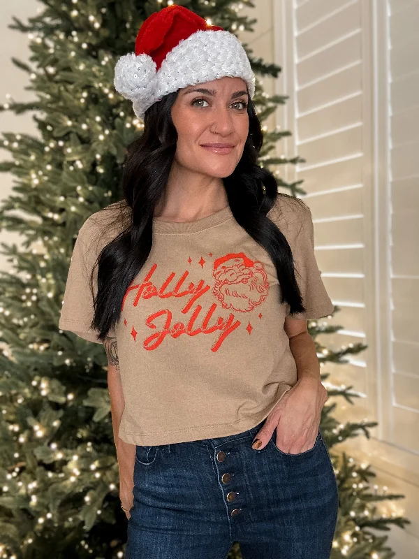 Take Advantage Holly Jolly Graphic Crop Tee - Dark Khaki