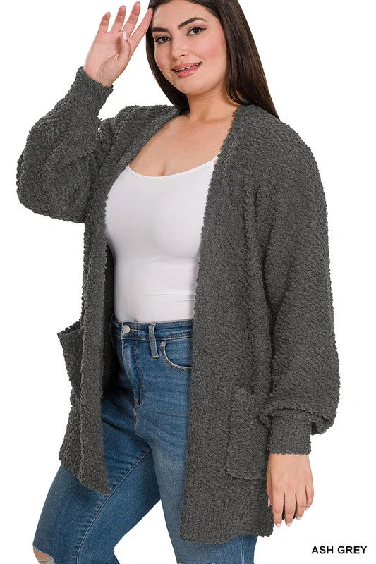 Deal Frenzy PLUS PUFF SLEEVE POPCORN CARDIGAN WITH POCKETS