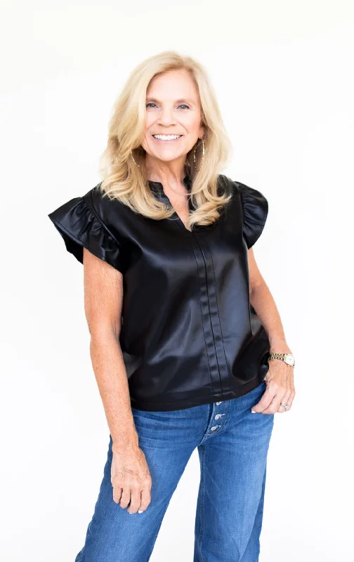 Stock Clearance Vegan Leather Ruffle Sleeve Top in Black