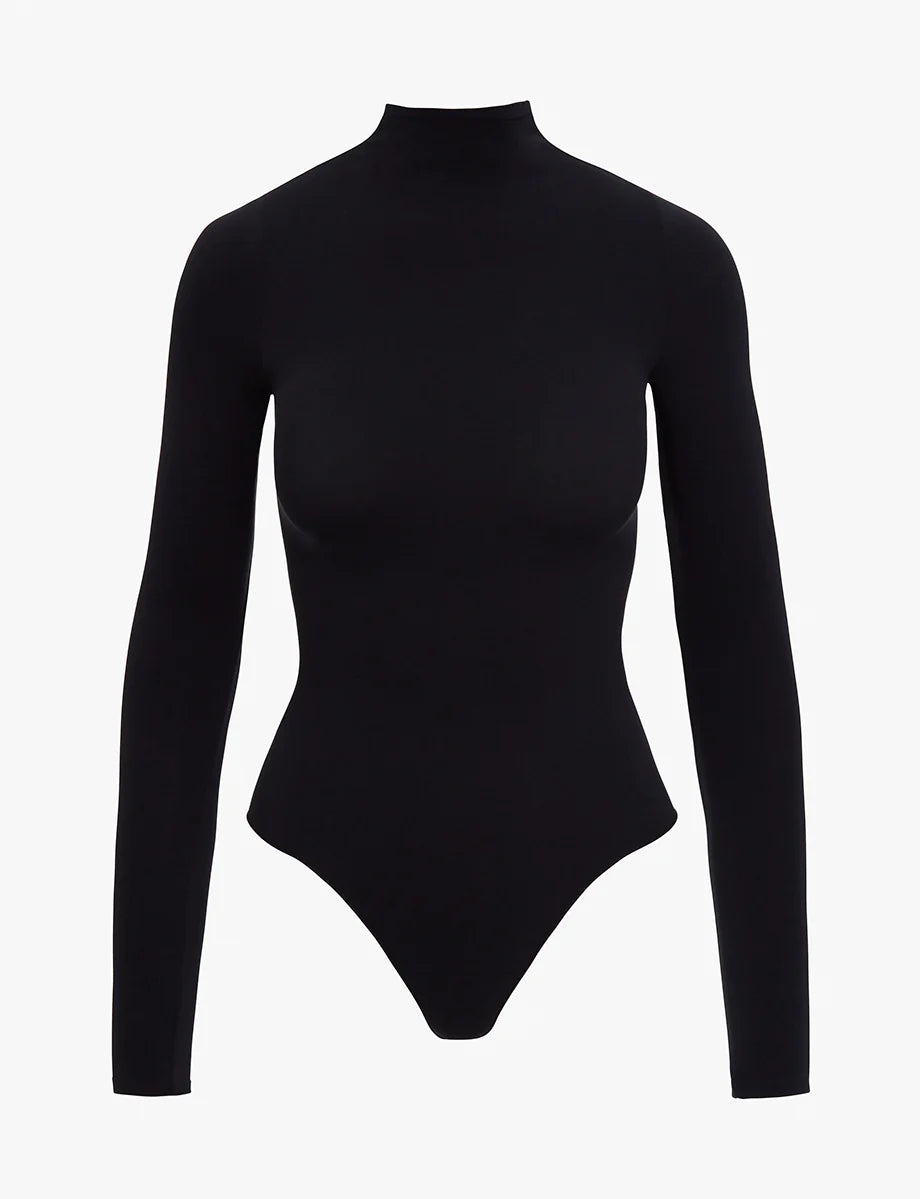 Discount Mania Ballet Long Sleeve Mockneck Bodysuit in Black