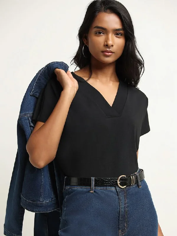 Super Discount LOV Black V Neck Cotton Blend Top
