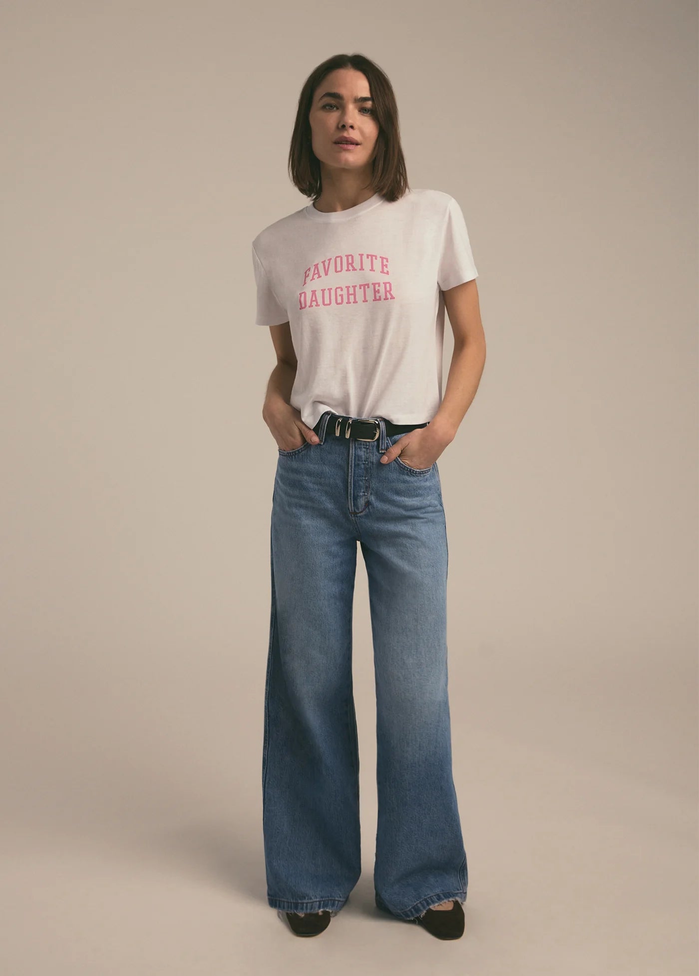 Deep Savings Cropped Collegiate Tee ~ White w/ Neon Pink