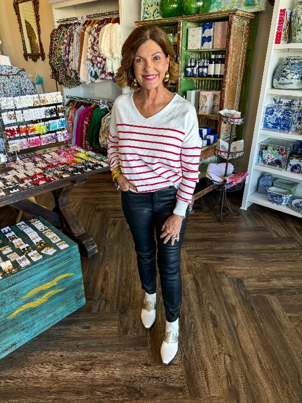 Exclusive Savings V-Neck Soft Stripe Sweater: Red