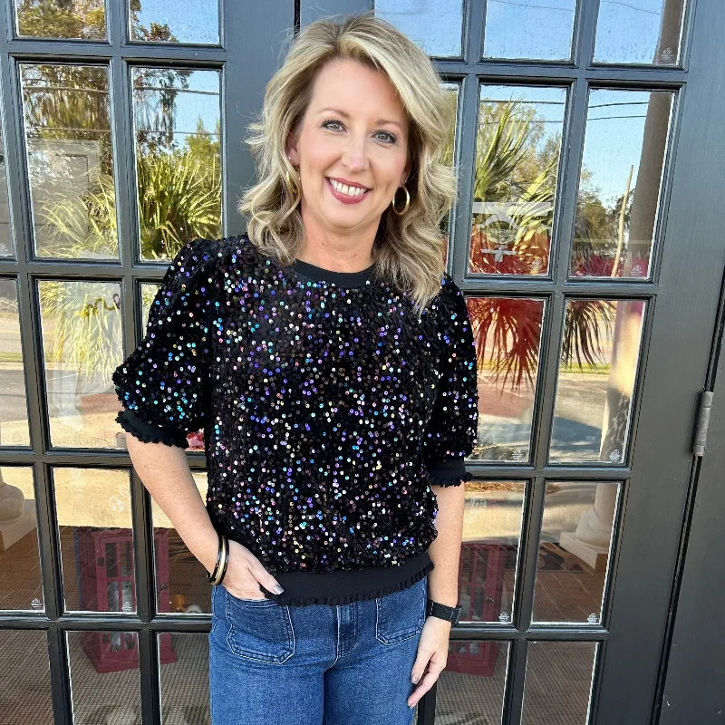 Midnight Madness Krystle Sequin Top | Black