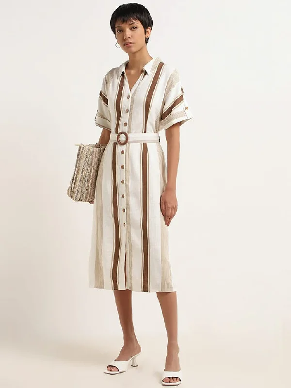 Act Now LOV Beige Belted Blended Linen Shirt Dress