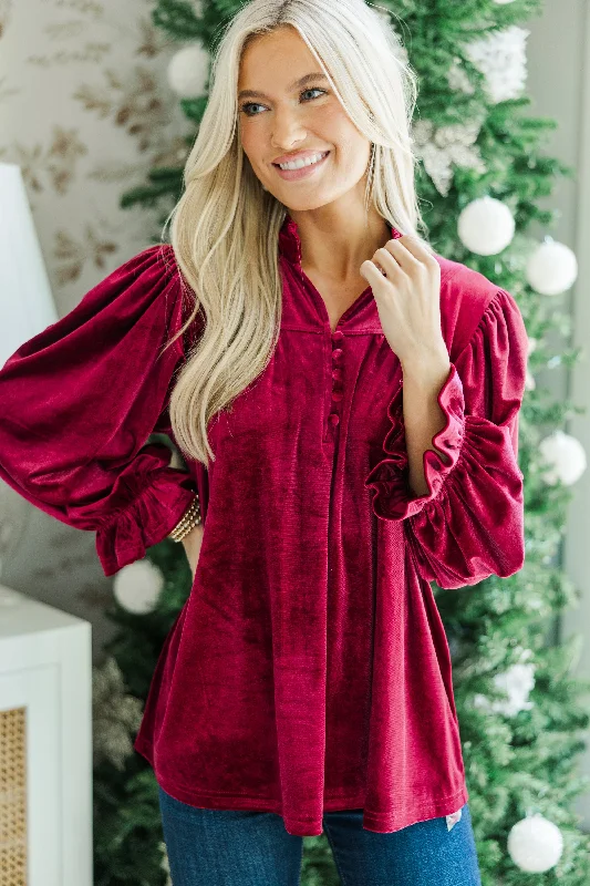 Seasonal Clearance Look Into It Burgundy Red Velvet Blouse