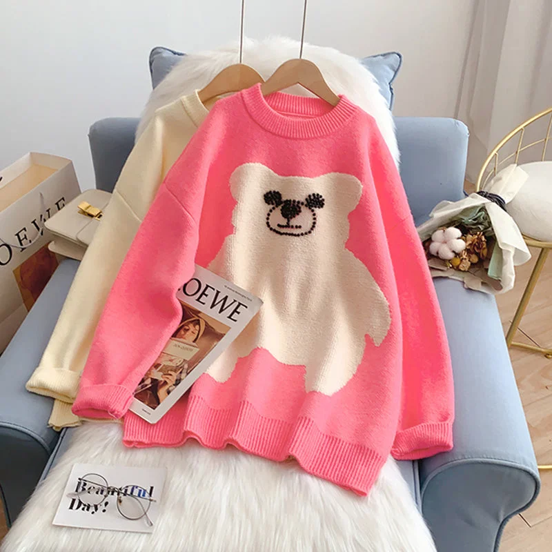 Flash Deals Pink cute bear sweater women's sweet sweater top  4930