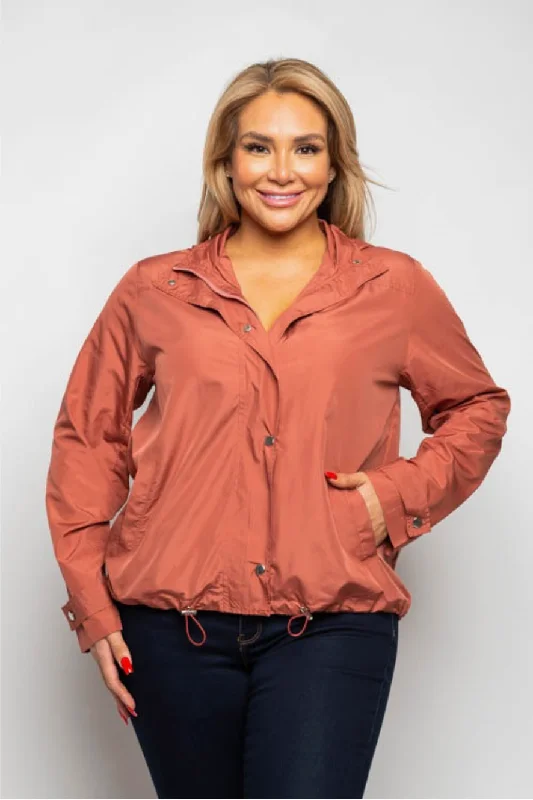 Super Savings REACHING OUT - Button Zip Up Hooded Windbreaker Jacket (Curvy)