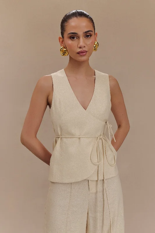 Price Fest Brandi Linen Sleeveless Wrap Top - Wheat Marle