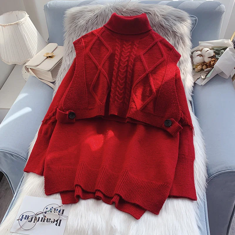 Celebrate the Weekend with Discounts Folding high necked sweater suit two-piece set  4958