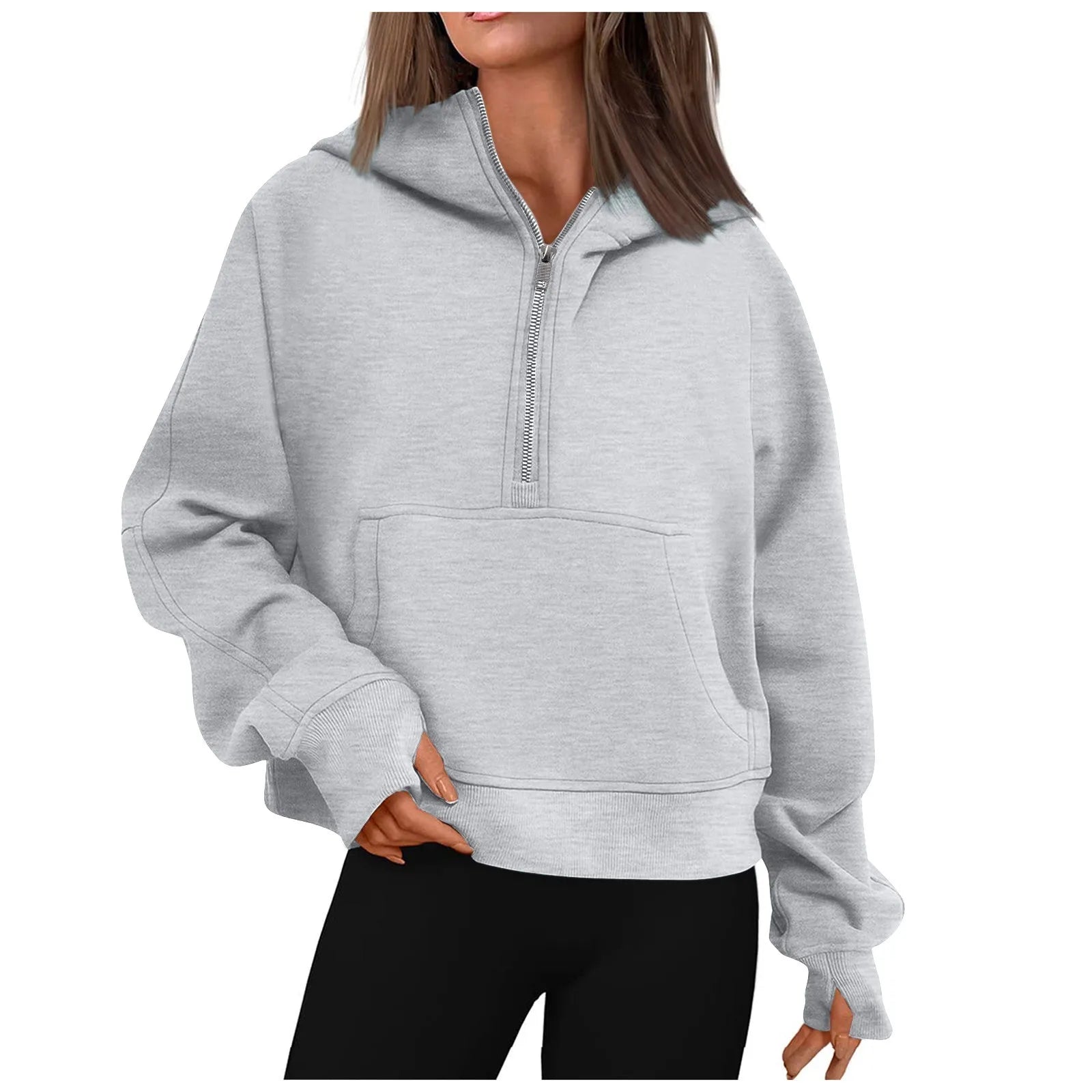 Special Savings Autumn Winter Solid Color Loose Half Zip Pockets Thumb Hole Long Sleeve Hoody
