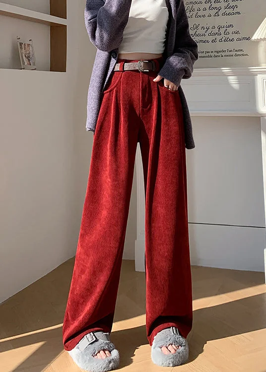 Weekend Deal Italian Red Pockets Wrinkled Corduroy Warm Fleece Wide Leg Pants Winter