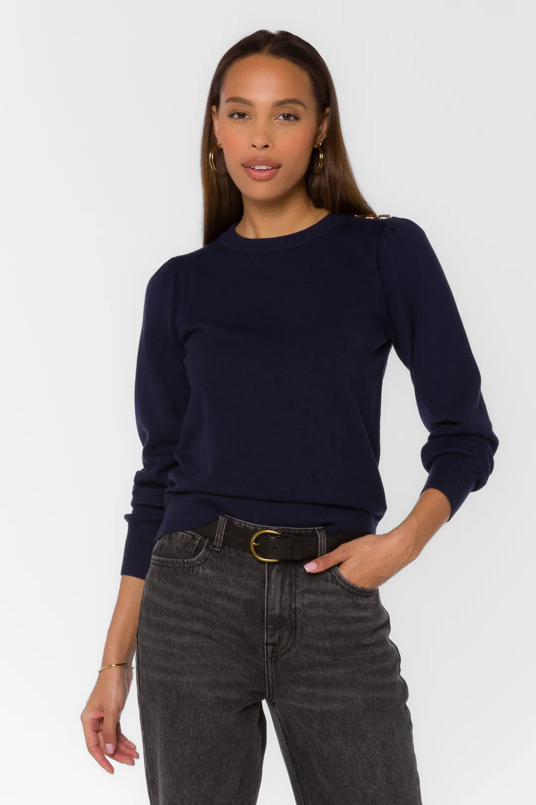 Weekend Savings Sensation Taffy Navy Gold Button Sweater