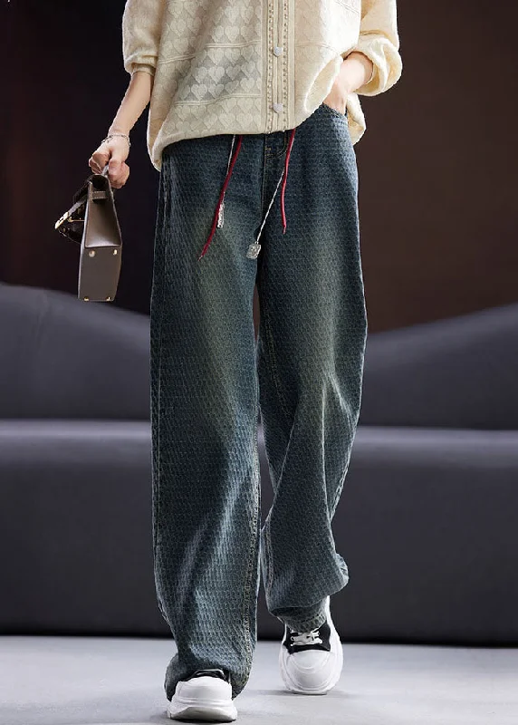 Weekend Special Vintage Blue Pockets Patchwork High Waist Cotton Straight Pants Fall