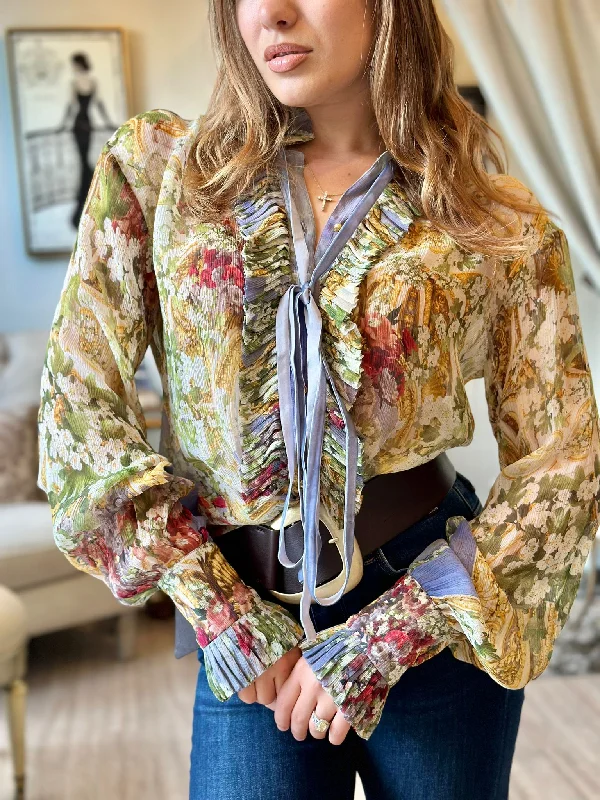 Instant Discount Falguni Shane Peacock Garden of Eden Front Ruffle Chiffon Blouse