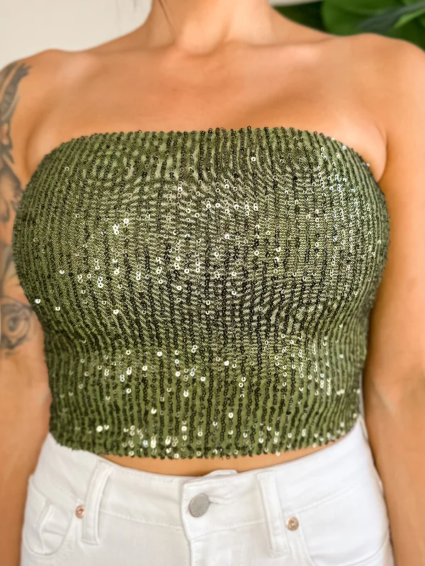 Savings Event Strapless Sequin Top - Olive