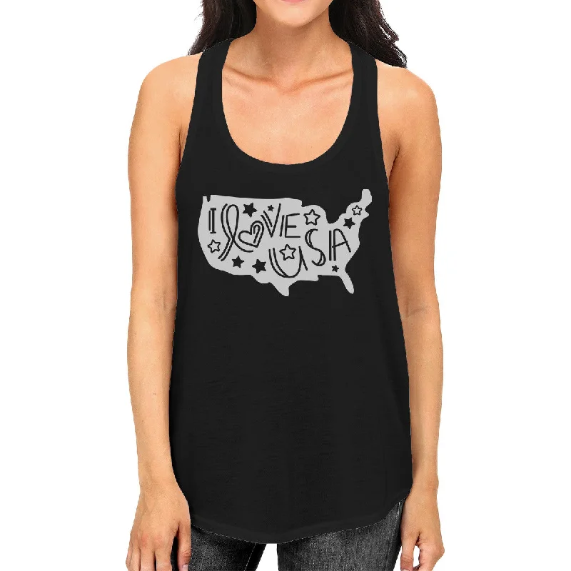 Big Discounts I Love USA Map Womens Black Tank Top Cute Letter Printing Design