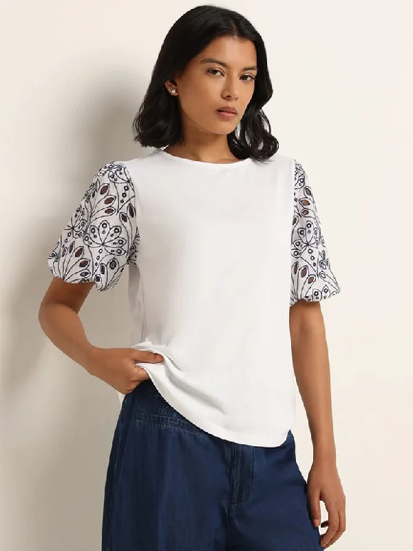 Can't Resist LOV White Embroidered Sleeve Cotton Top