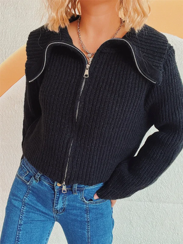 Now or Never Collared Neck Zip Up Long Sleeve Cardigan